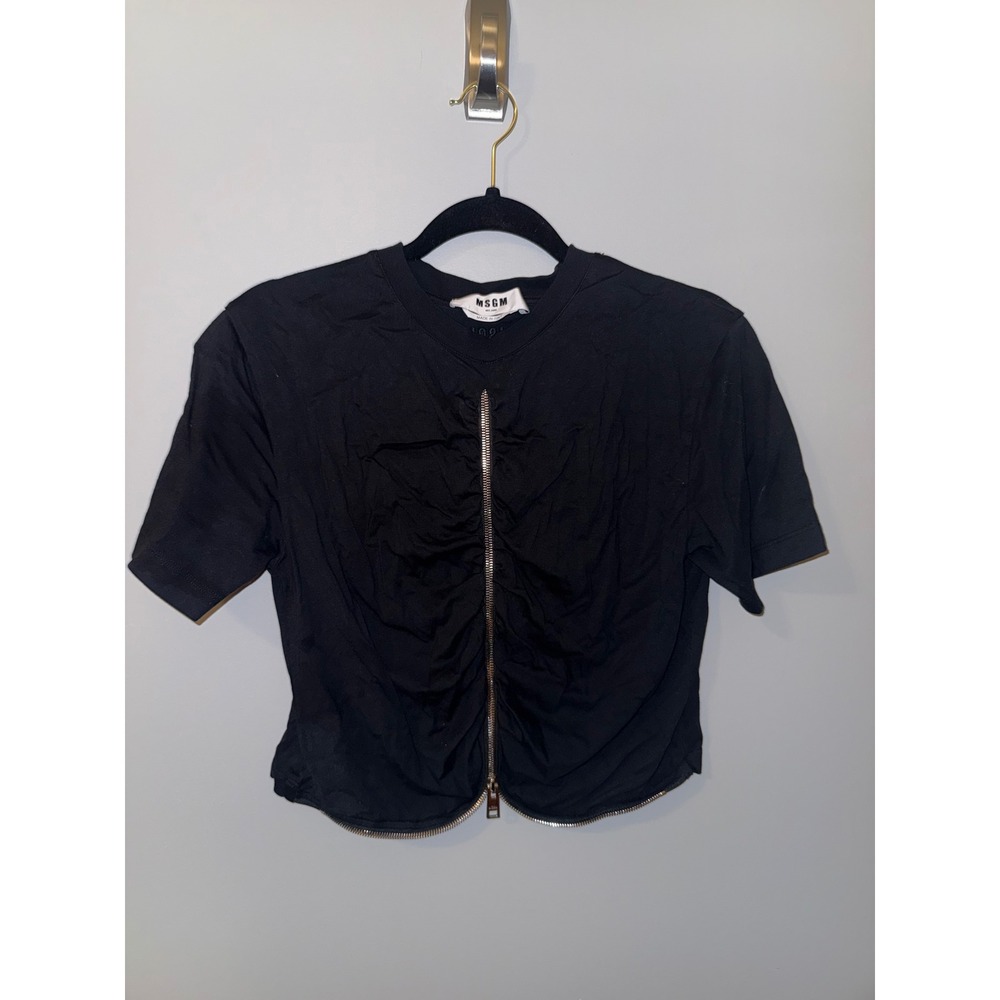 MSGM Milano Womens Black Ruched Front Zip Crop Top Made in Italy  L